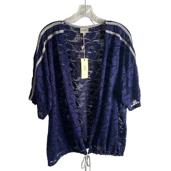 h.i.p. Tops - •SOLD•H.I.P. Navy Blue & Gray Lace Drawstring Hem Open Front Women's Kimono 1X